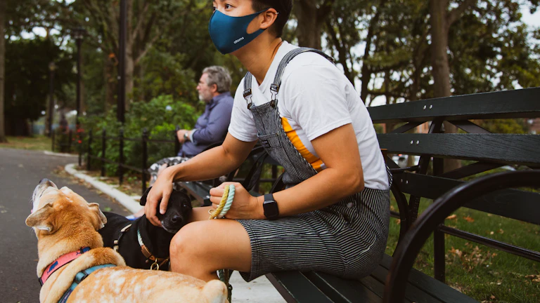 공원에서 즐겁게 산책하는 강아지와 도우미