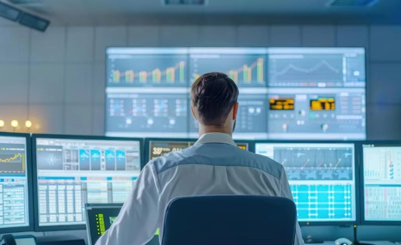 여러 대의 모니터에서 주식 데이터를 분석하고 있는 전문 투자자의 모습