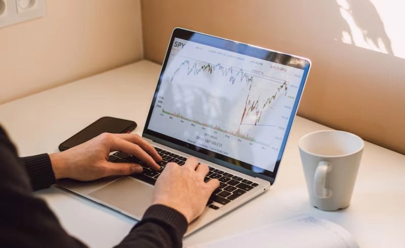노트북으로 주식 시장 데이터를 꼼꼼히 체크하는 투자자