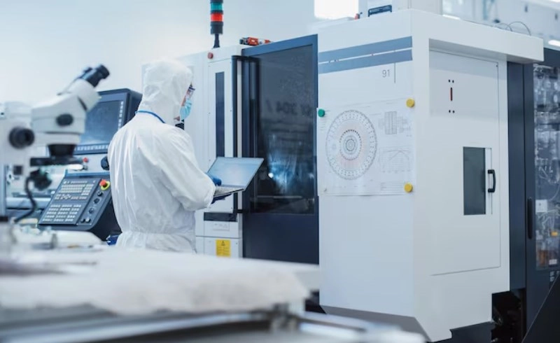 정밀한 의료기기가 조립되고 있는 현대적인 공장 라인